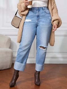 Plus Size Distressed Straight Leg Jeans Blue    Denim Plain Tapered/Carrot Non-Stretch  Women Plus Clothing, size features are:Bust: ,Length: ,Sleeve Length: Jeans Mid Size, Ripped Baggy Jeans, Mom Fit Jeans, Rip Mom, Ripped Mom Jeans, Cropped Boyfriend Jeans, Ripped Boyfriend Jeans, Black Ripped Jeans, Distressed Boyfriend Jeans