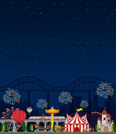 an amusement park at night with fireworks in the sky