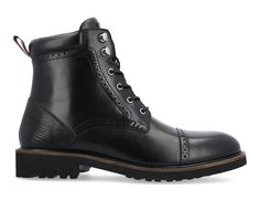 Genuine Leather upper, Lace-up closure for secure fit,1 1/4\ heel, Round toe, Tru Comfort Foam™ footbed for all day comfort, EVA (Ethylene Vinyl Acetate) outsole, ExtraLight® outsole, Cushioned collar and tongue for all day comfort | Men's Thomas & Vine Tyrus Cap Toe Dress Boot in Black Size 13 Thomas Vines, Dress Boot, Mens Dress Boots, Genuine Leather Boots, Dress Boots, Shoe Carnival, Leather Boot, Boots Black, Look On