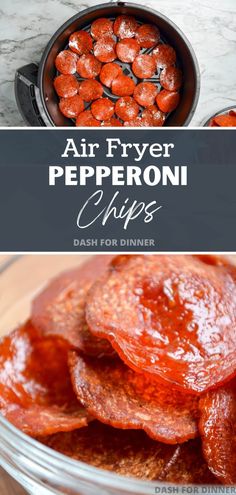 air fryer pepperoni chips in a pan with the title above it