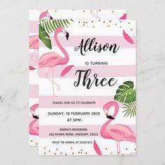 a pink flamingo birthday party card with palm leaves on the front and blue stripes in the back