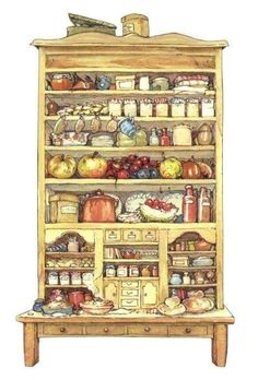 an old wooden cabinet filled with lots of food