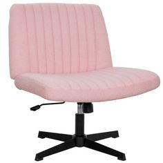 a pink office chair sitting on top of a black base