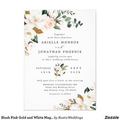 an elegant wedding card with white flowers and greenery