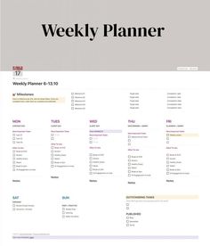 the weekly planner is shown in black and white, with text overlaying it