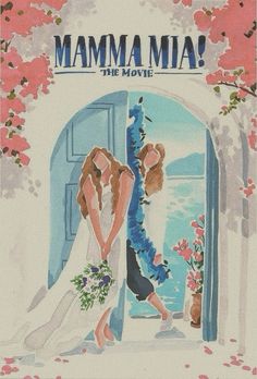 a painting of two people kissing in front of an open door with flowers on it