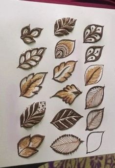 a person holding up a piece of paper with different types of leaf designs on it