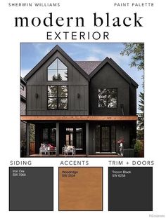 an exterior color scheme for a house with black and gray siding, wood floors, and windows