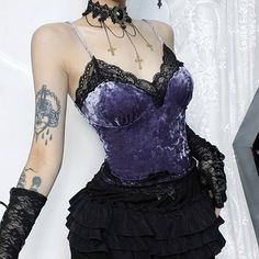 Blouses/Shirts – Lolilita Store Victorian Gothic Dress, Summer Grunge Outfits, Velvet Cami Top, Oc Fashion, Purple Gothic, Lace Halter Top, Gothic Tops, Velvet Cami, Velvet Tank Top