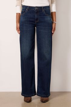 A relaxed wide leg brings easy, effortless style to these Kut From The Kloth jeans, finished in a dark blue wash with a full-length inseam and zipper fly closure. They're crafted in soft comfort-stretch denim for day-to-night wear. | KUT FROM THE KLOTH Women's Jean Wide Leg 31', Size 12, Blue Jean Wide Leg, Night Wear, Nightwear, Stretch Denim, Effortless Style, Size 16, Full Length, Dark Blue, Wide Leg