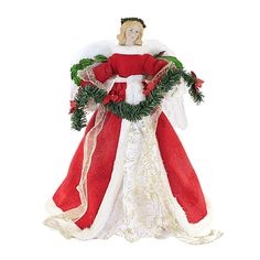 a red and white christmas angel ornament with holly wreaths on it's chest