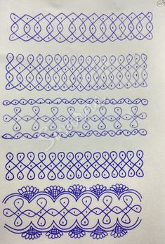 four different types of stitching designs on white paper with blue marker pens and ink