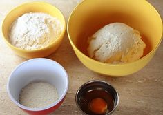 three bowls filled with different types of food