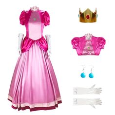 a pink princess dress with matching accessories including tiara, gloves and bracelets on white background