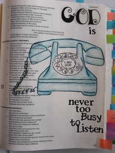 an open book with a drawing of a phone on it's cover and the words god is never to busy to listen