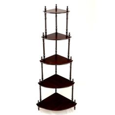 three tiered wooden shelf with four shelves on each side and one in the middle