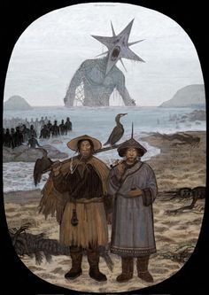 two men standing next to each other in front of a large bird on the beach