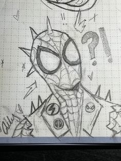 a drawing of a spiderman with question marks on it's face and eyes