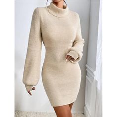 Introducing The Light Beige Sweater Dress, Designed With Elegance In Mind. This Dress Features A High Neckline And Long Bishop Sleeves, Creating A Sophisticated Look. The Natural Waistline And Pencil-Shaped Hem Enhance Its Flattering Short Silhouette. Crafted From Fabric With Slight Stretch, It Offers A Regular Fit That Ensures Both Comfort And Flexibility. Non-Sheer And Stylishly Tailored, This Dress Is Perfect For Adding A Touch Of Refined Chic To Your Wardrobe. Note: Belt Not Included. Cream Winter Dress, Beige Turtle Neck Outfit, Realtor Outfits, Hollow Aesthetic, Beige Sweater Dress, Crochet Sweater Dress, Lantern Sleeve Sweater, Turtleneck Outfit, Pixie Hollow