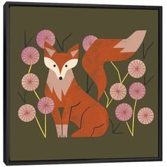 a red fox sitting on top of a field of flowers