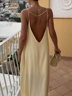 Backless Vacation Long Dress - AnotherChill Beach Inspired Dress, Wedding Vacation Outfit, Backless Wedding Guest Dress, Resort Chic Attire, Vacation Night Outfits, Beige Long Dress, Boat Day Outfit, Beige Long Dresses, Elegant Summer Dress