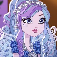 a cartoon girl with blue hair and stars on her head, wearing a tiara