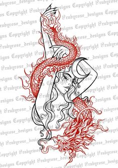 a drawing of a woman with a dragon on her back, in red and black ink