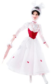 a doll dressed in white and red with an umbrella on her head, standing upright