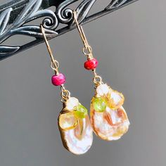 "6989 Pink Baroque Pearl Earrings Gold Filled wire wrapped multi natural gemstones bohemian statement cluster dangle drops birthday anniversary Valentine's day Mother's day Christmas holiday gift for her women mom sister wife girlfriend daughter niece aunt grandma cousin colleague best friend. Enjoy the beauty & power of natural gemstones. MATERIALS & DIMENSIONS ✦ Natural BAROQUE PEARL, light pink, ovals approx. 20x16mm; ✦ Natural RUBY, pinkish red, faceted rondelles approx. 5x3mm; ✦ Multi gemst Fish Hooks Show, Pink Baroque, Pearl Light, Pearl Earrings Gold, Pinkish Red, Baroque Pearl Earrings, Sister Wife, Gold Pearl Earrings, Fine Earrings