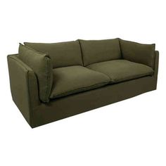 a green couch with two pillows on the back and one arm folded up to show it's shape