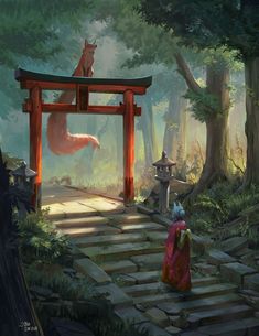 a woman in a red kimono is walking towards a gate with a fox on it