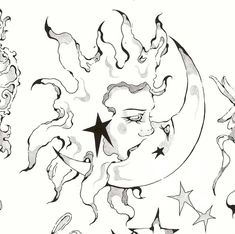 a drawing of the face of a woman with stars and crescents around her neck