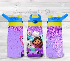 two purple and yellow water bottles with cartoon characters on them