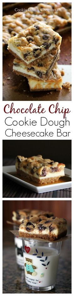 chocolate chip cookie dough cheesecakes are stacked on top of each other and ready to be eaten