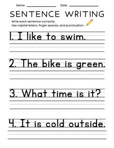 sentence writing worksheet for kids with two lines in the middle and one line at the