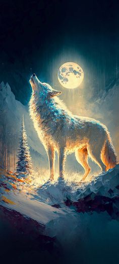 a wolf standing on top of a snow covered hillside under a full moon filled sky