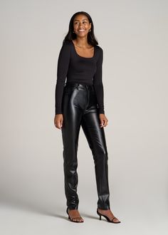 About Our Long Sleeve Square Neck Bodysuit for Tall Women This women’s tall bodysuit is the ultimate layering piece. Designed with a supremely comfortable stretch knit, it hugs the body to create a seamless silhouette that’s perfect for wearing under jeans, slacks, and skirts. We know for women with long torsos, bodysuits can be a challenge to find, that’s why we made this one just for women from 5’9 to 6’6. No more feeling cramped when you stand up or worrying about awkward necklines. We made t Slim Fit Elastane Bodysuit, Black Stretch Bodysuit For Layering, Fall Black Elastane Bodysuit, Trendy Fall Bodysuit In Elastane, Trendy Elastane Bodysuit For Fall, Black Fitted Bodysuit For Layering, Fitted Black Bodysuit For Layering, Fall Bodysuit For Workwear, Fall Elastane Bodysuit