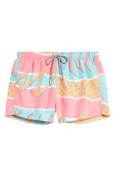 Neon colors and bold scribbles bring big '90s energy to swim trunks cut from quick-drying fabric that keeps you comfortable in the water, on land and back. 3" inseam; 24 1/2" leg opening; 11 1/2" front rise; 14" back rise (size Medium) 100% polyester Liner Machine wash, tumble dry Imported Printed Swim, Neon Colors, Nordstrom Store, Swim Trunks, Quick Dry, Swimming, Nordstrom, Neon, Bring It On