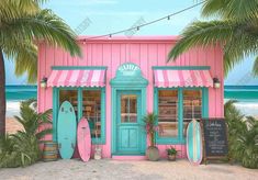 Pink Surf Shop Photography Backdrop - Gatsby Backdrop Surf Shop Exterior, Surfing Backgrounds, Ice Cream Parlor Interior, Surf Shop Interior, Palm Royale, Surf Store, Bakery Design Interior, Shop Photography