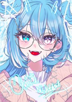 an anime character with blue hair and glasses