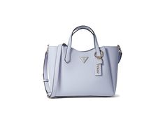 GUESS Iwona Girlfriend Satchel - Satchel Handbags : Sky Blue : Carry this GUESS Iwona Girlfriend Satchel to keep your things handy at for any moment use in the shopping streets. It is made of polyurethane and shiny gold hardware. Triple compartments with one slip pocket and allow you to better organize items. Removable, adjustable crossbody strap and double handles give you ease of carrying. It is secured with top zip and magnetic snap closure. Polyurethane lining. Imported. Measurements: Bottom Width: 13 1 4 in Depth: 4 1 4 in Height: 8 3 4 in Satchel Handbags, Crossbody Strap, Product Reviews, Gold Hardware, Snap Closure, Sky Blue, Blue Sky, Satchel, Handles