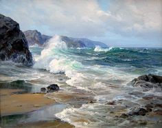 an oil painting of waves crashing on the beach