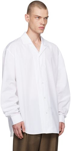 Cotton poplin shirt. · Open spread collar · Button closure · Shirttail hem · Dropped shoulders · Adjustable single-button barrel cuffs · Mother-of-pearl hardware Supplier color: White White Long Sleeve Poplin Shirt, Spring Formal Poplin Shirt, Collared Poplin Shirt With Button Cuffs, Formal Poplin Tops With Spread Collar, Cotton Poplin Shirt, Poplin Shirt, Cotton Poplin, Drop Shoulder, Mother Of Pearl