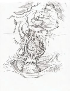 a drawing of an octopus attacking a ship in the ocean with tentacles coming out of it