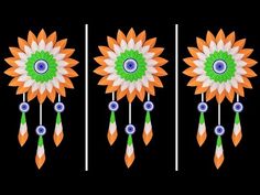 three pictures of an orange, white and green sunflower with blue beads on it