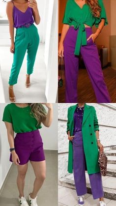 me sigam e useem muito essa combinação! Purple And Green Color Block Outfit, Purple Outfits Combination, Purple And Green Outfit Ideas, Purple Color Blocking Outfits, Color Combination Purple Clothes, Purple Colour Combinations Outfit, Outfit With Purple Pants, Best Color Combinations Outfits Womens Fashion, Pantalone Verde Outfit