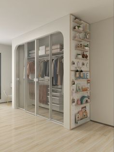 a walk in closet filled with lots of clothes and items next to a wall mounted mirror