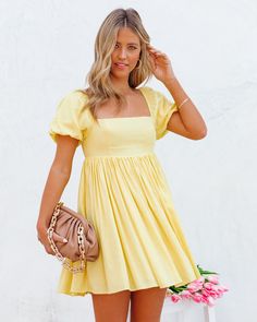 Leroy Linen Blend Puff Sleeve Babydoll Dress - Yellow Ins Street Puff Sleeve Babydoll Dress, Easy Silhouette, Formal Heels, Clear Strap Heels, Simple Bangle, Chic Bags, Distressed Denim Jacket, Necklace Simple, Puffed Sleeves