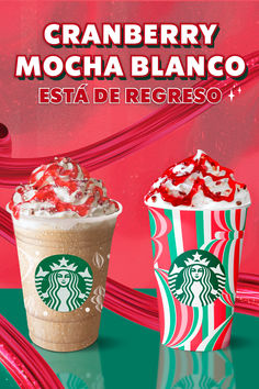 two starbucks drinks with whipped cream and strawberry mocha blancco on the top one