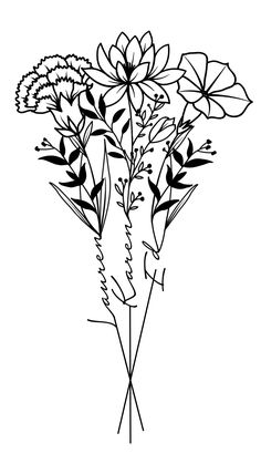 a black and white drawing of flowers with the word love written on it in cursive writing